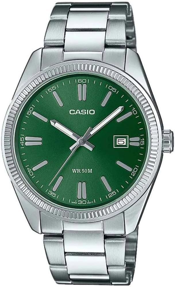 Casio Reloj Cuarzo Unisex 39.00mm con dial Analógico Verde y Correa de Pulsera de Metal Plata MTP-1302PD-3AVEF