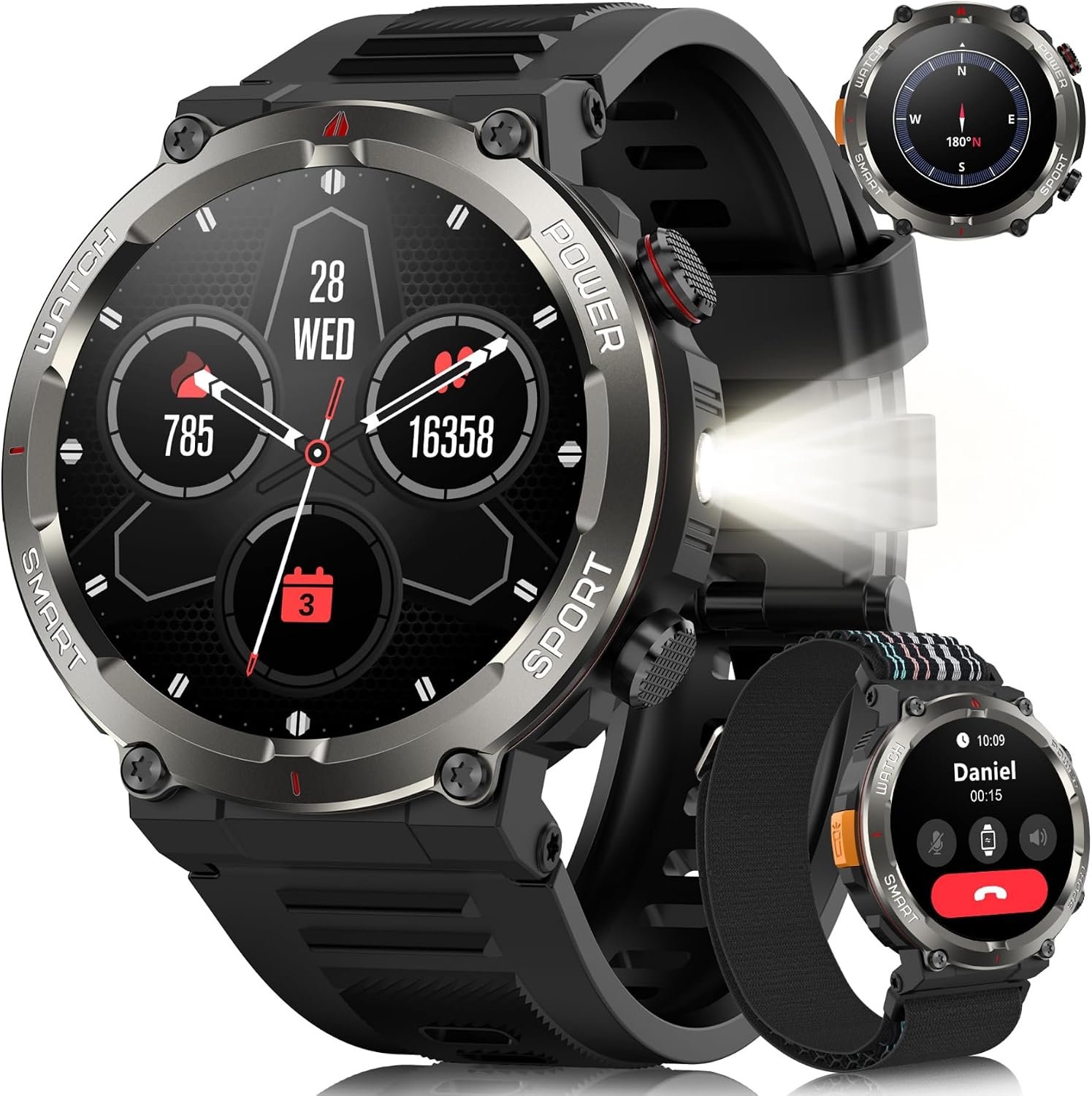 Reloj Inteligente Hombre Militar(Realizar/Recibir Llamadas),1.45" Smartwatch con Linterna LED y Brújula, Batería de 960 mAh,Pulsómetro,Monitor de Sueño, 123 Modos Deportivos, IP68,para iOS y Android