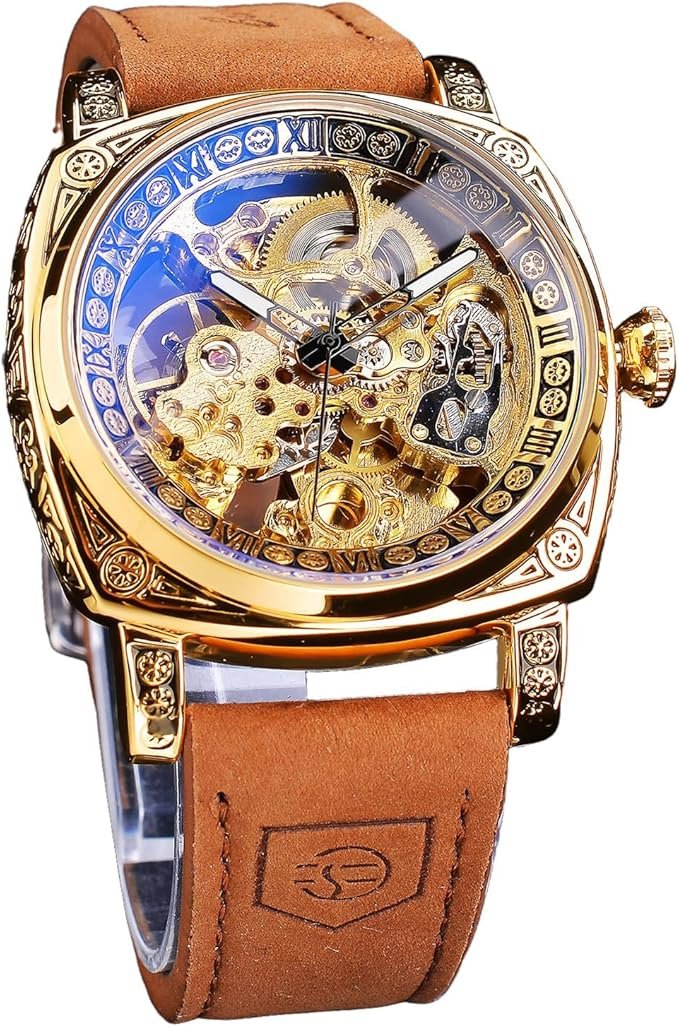 FORSINING Relojes de Lujo para Hombres, Cuadrado Retro mecánico Auto-Viento Tallado, Movimiento de Engranajes Esqueleto Dorado Relojes automáticos Correa de Cuero Vintage Reloj de muñeca