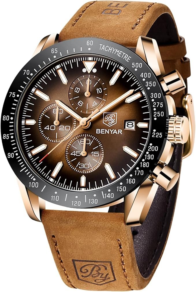 Relojes Hombre, Movimiento Cuarzo, Cronógrafo, Correa Piel/Acero/Silicona, Diseño Deportivo Negocio Moda, 30M/50M Impermeable, Resistente a los Arañazos, Regalos Elegantes para Hombres