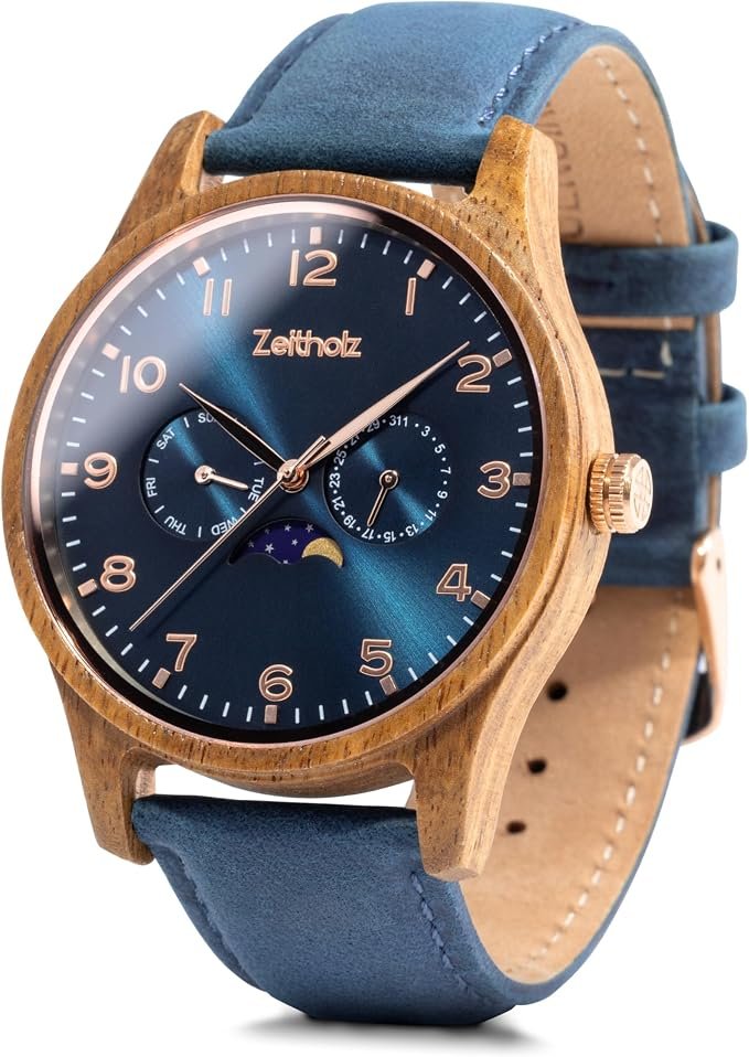 Relojes de Madera Hombre, Regalo para Hombre, Nueva colección Klitten 42mm analógico con Movimiento de Cuarzo Japonés y Calendario Lunar