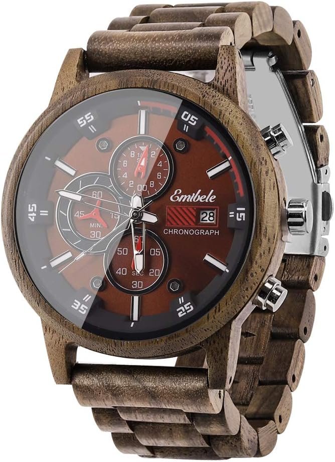 Reloj de Madera para Hombre, Cronógrafo con Pantalla de Fecha, Movimiento Cuarzo, Correa Ajustable, 3 Subesferas, Artesanía Multifunción