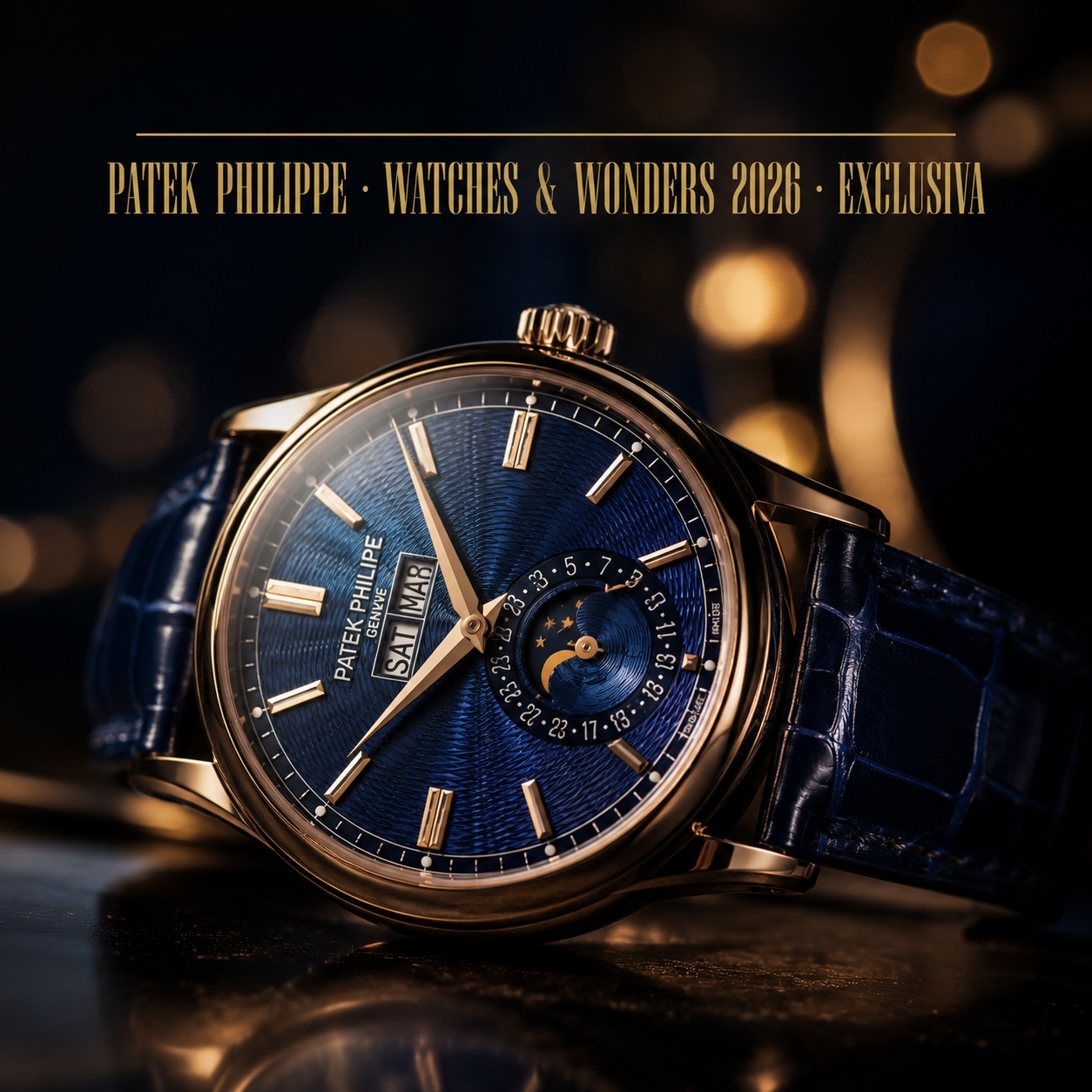 Reloj Patek Philippe de alta relojería con esfera azul y detalles dorados en superficie pulida, representando las 20 novedades presentadas en Watches and Wonders 2026