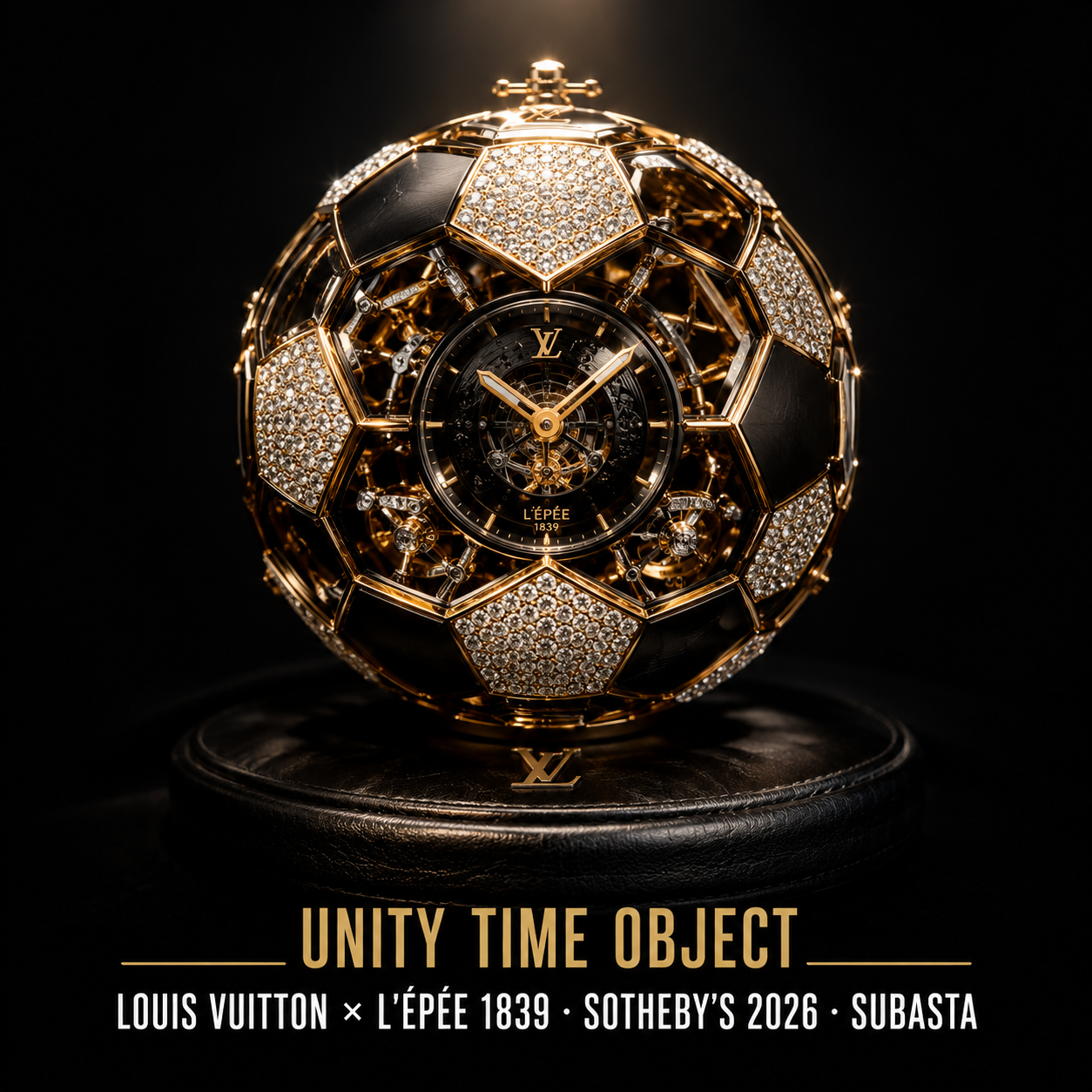 Louis Vuitton Unity Time Object, reloj-escultura único en forma de balón de fútbol con estructura dorada y 264 diamantes, subastado en Sotheby's en junio de 2026 a beneficio de UNICEF