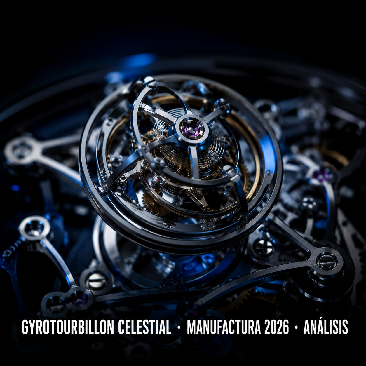 Macro fotográfico del mecanismo tourbillon de alta relojería con jaula de titanio y volante en movimiento, representando el análisis técnico del Gyrotourbillon Celestial de Jaeger-LeCoultre en 2026