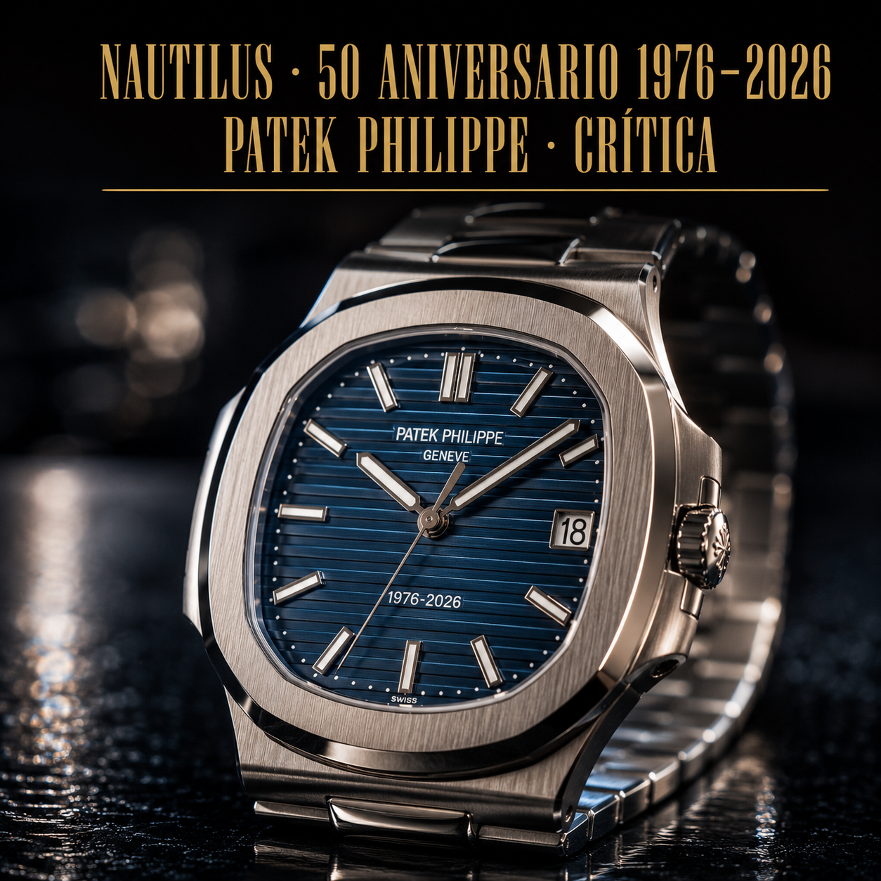 Patek Philippe Nautilus edición 50 aniversario 2026 referencia 5810/1G-001, con esfera azul soleil y brazalete integrado de oro blanco, sobre superficie oscura con iluminación lateral cinematográfica
