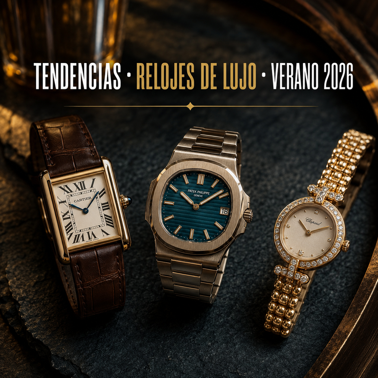 Tres relojes de lujo en flatlay sobre pizarra oscura: pieza rectangular vintage, reloj con esfera teal y reloj joya femenino, representando las tendencias de estilo en relojería de lujo para el verano 2026