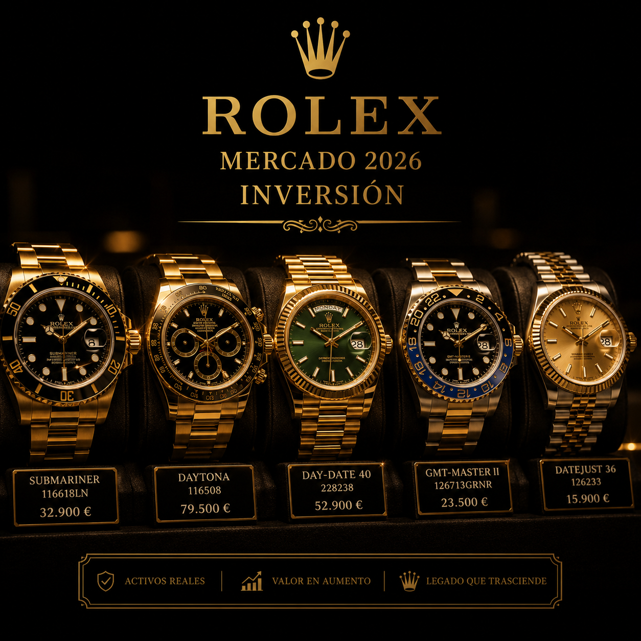 Colección de relojes Rolex sobre superficie oscura analizando el mercado de inversión y precios de 2026