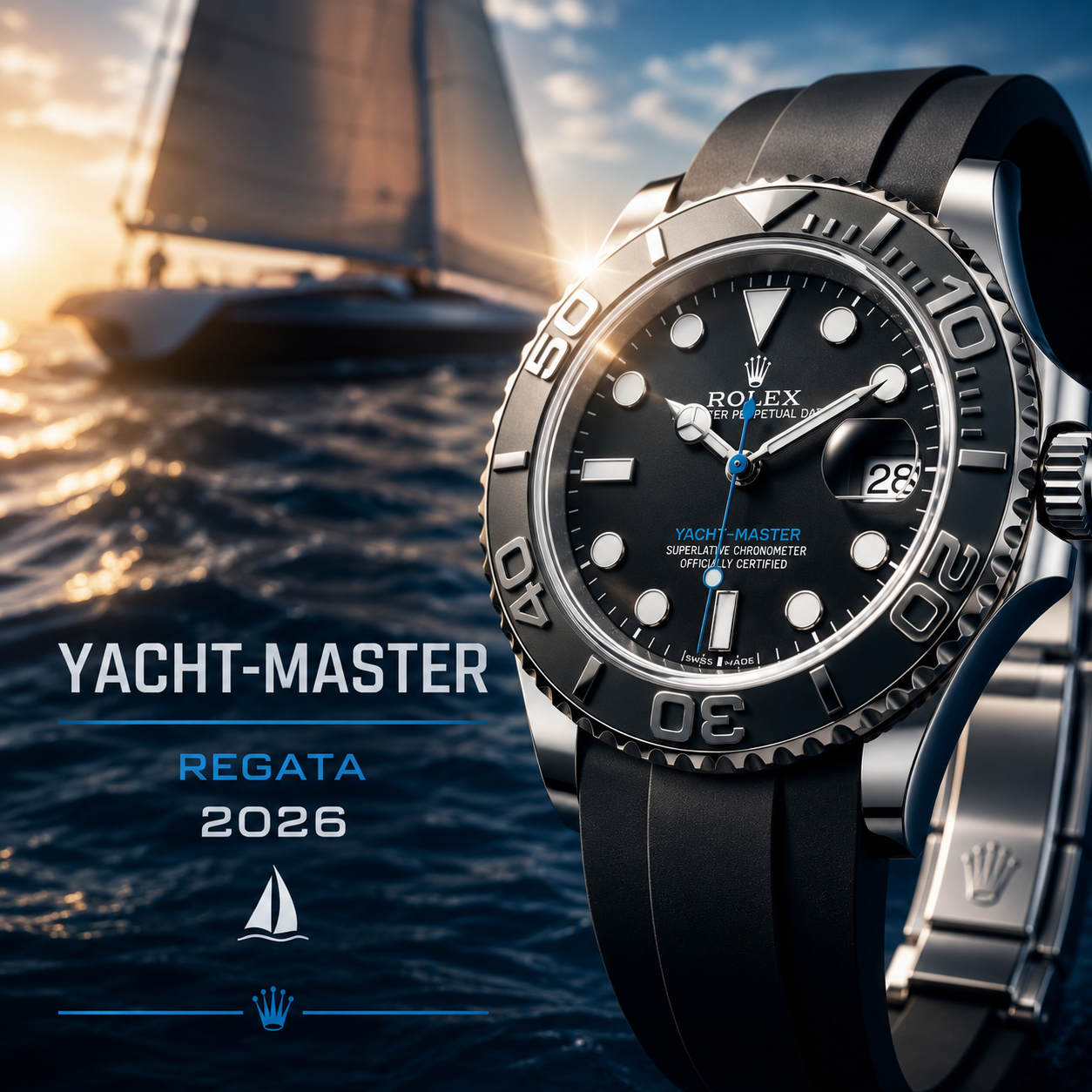 Rolex Yacht-Master 2026 con función de regata mejorada sobre fondo marino con velero al fondo