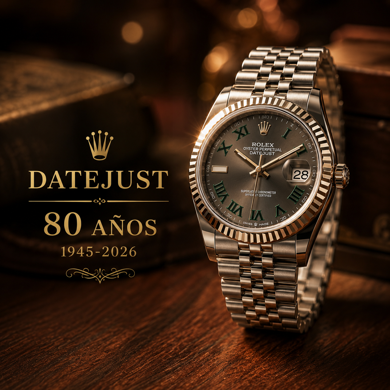 Rolex Datejust clásico celebrando 80 años de historia desde su presentación en 1945 hasta 2026