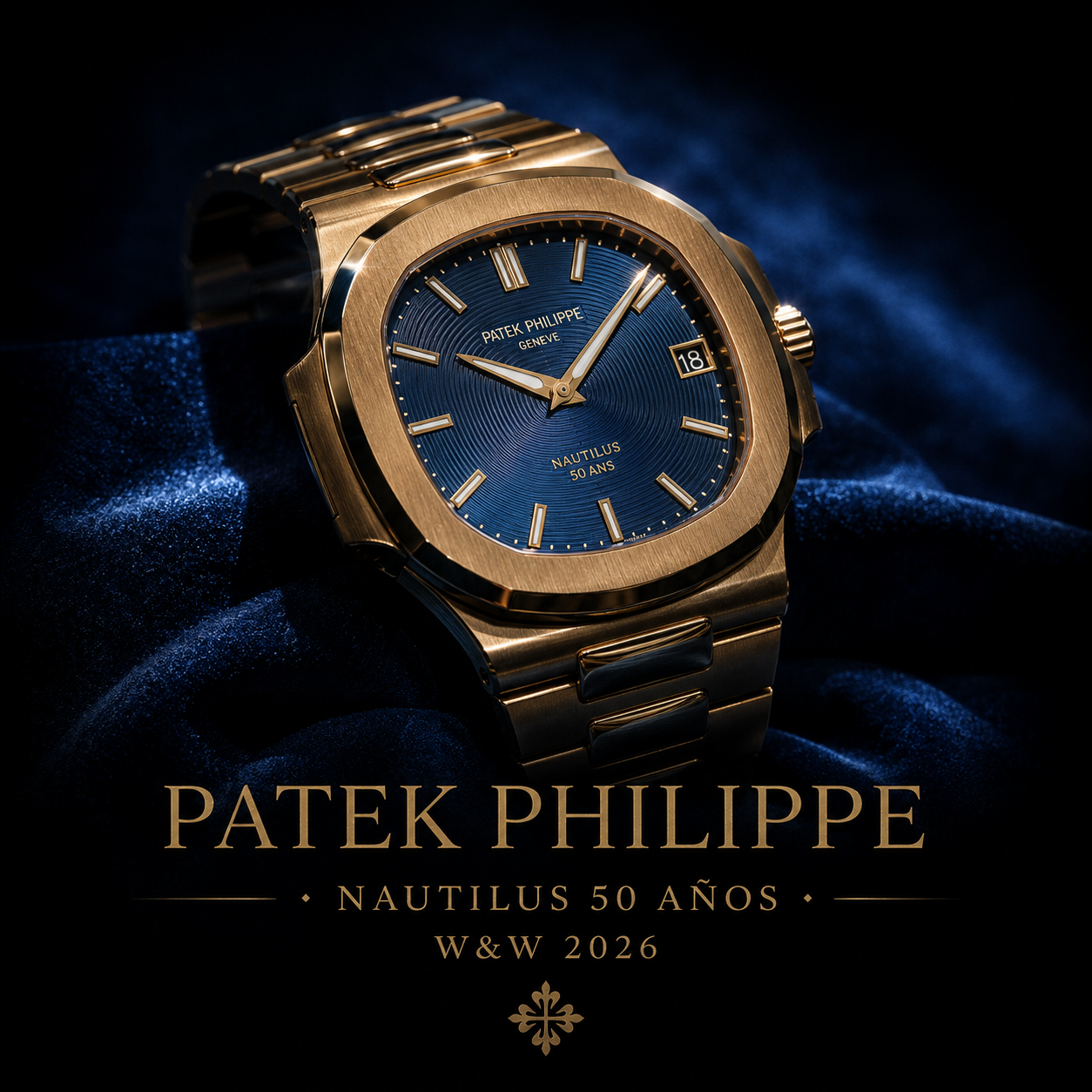 Patek Philippe Nautilus edición 50 aniversario sobre terciopelo marino, presentado en Watches & Wonders 2026