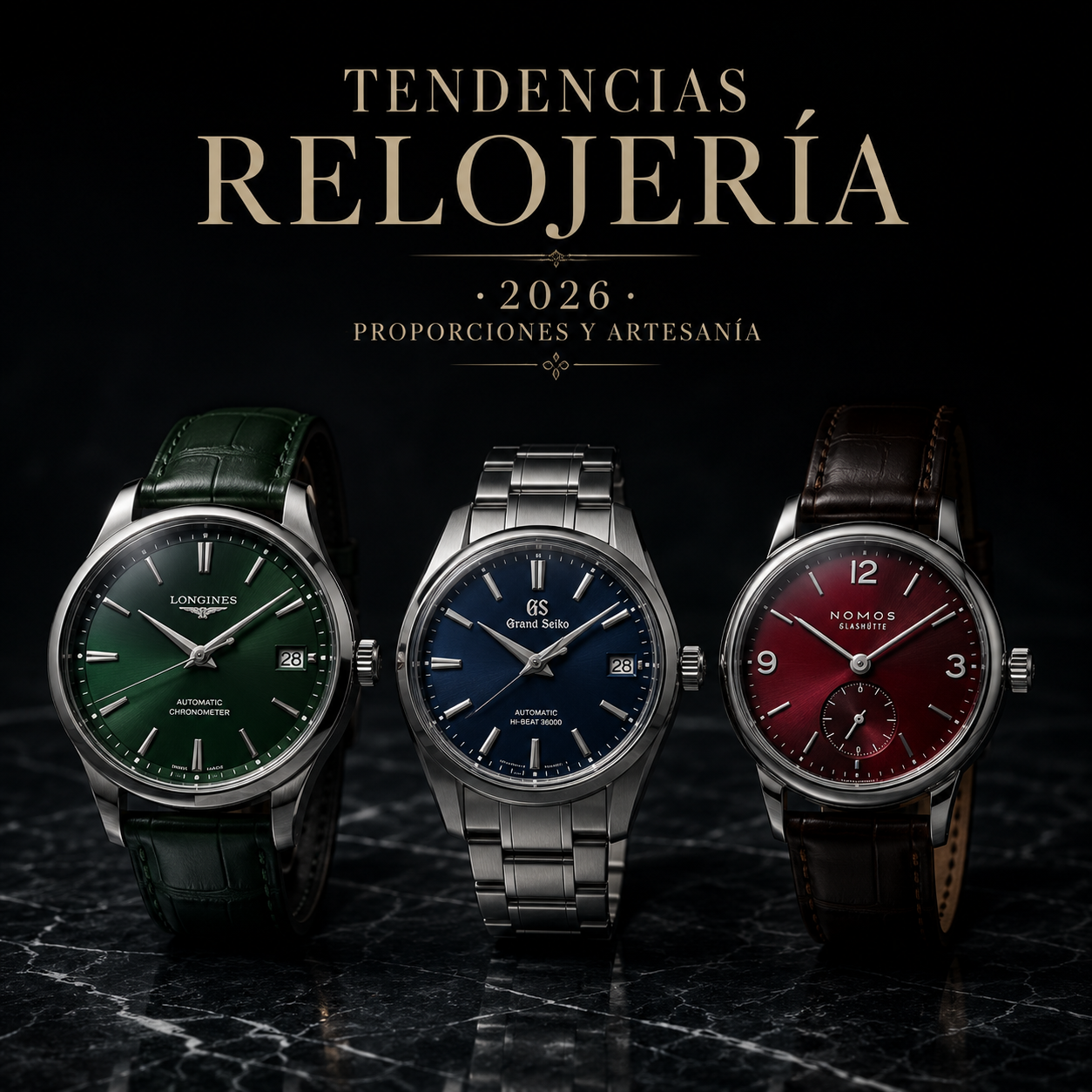 Selección de relojes de lujo de 37-39 mm con esferas de colores ricos sobre mármol negro, tendencias relojería 2026