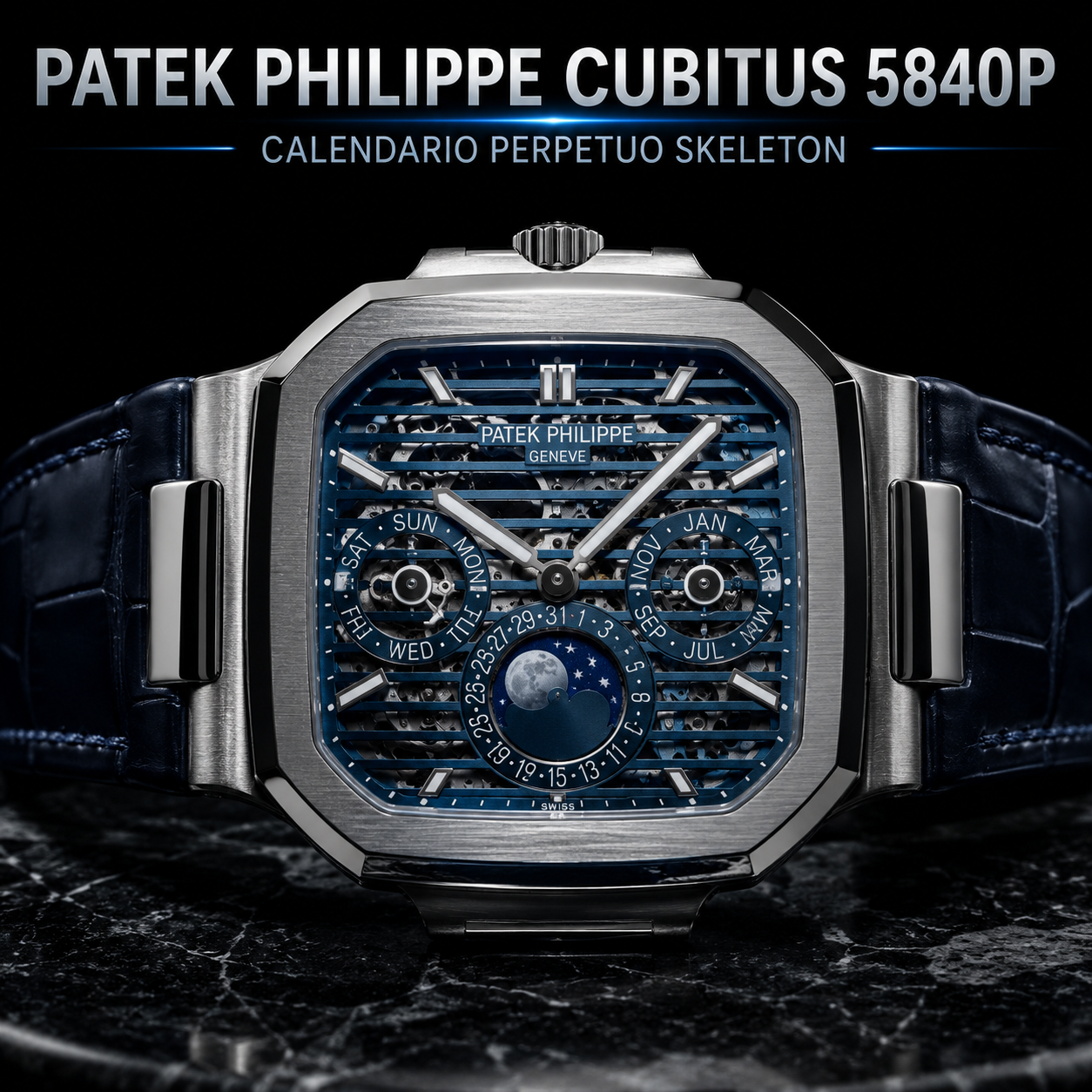 Patek Philippe Cubitus 5840P Perpetual Calendar Skeleton en platino 950 con esfera calada en patrón horizontal azul PVD, presentado en Watches & Wonders 2026