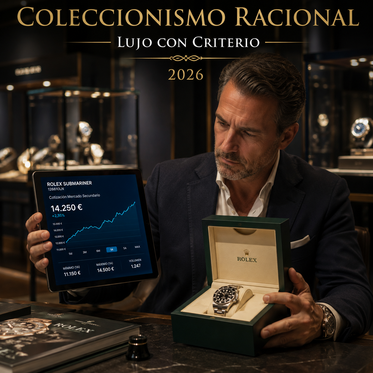 Coleccionista revisando precios del mercado secundario en tablet mientras tiene una caja de reloj de lujo en mano, perfil del comprador racional de alta relojería en 2026