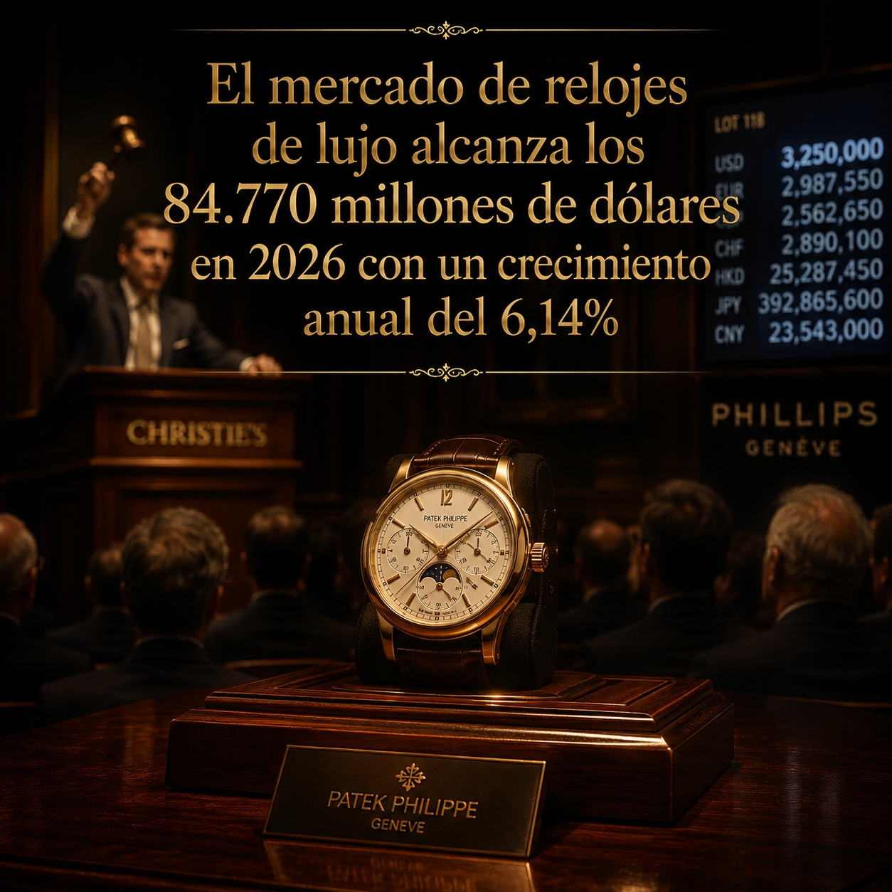Reloj Patek Philippe bajo foco de luz en sala de subastas de lujo, representando el mercado de relojes de inversión en 2026