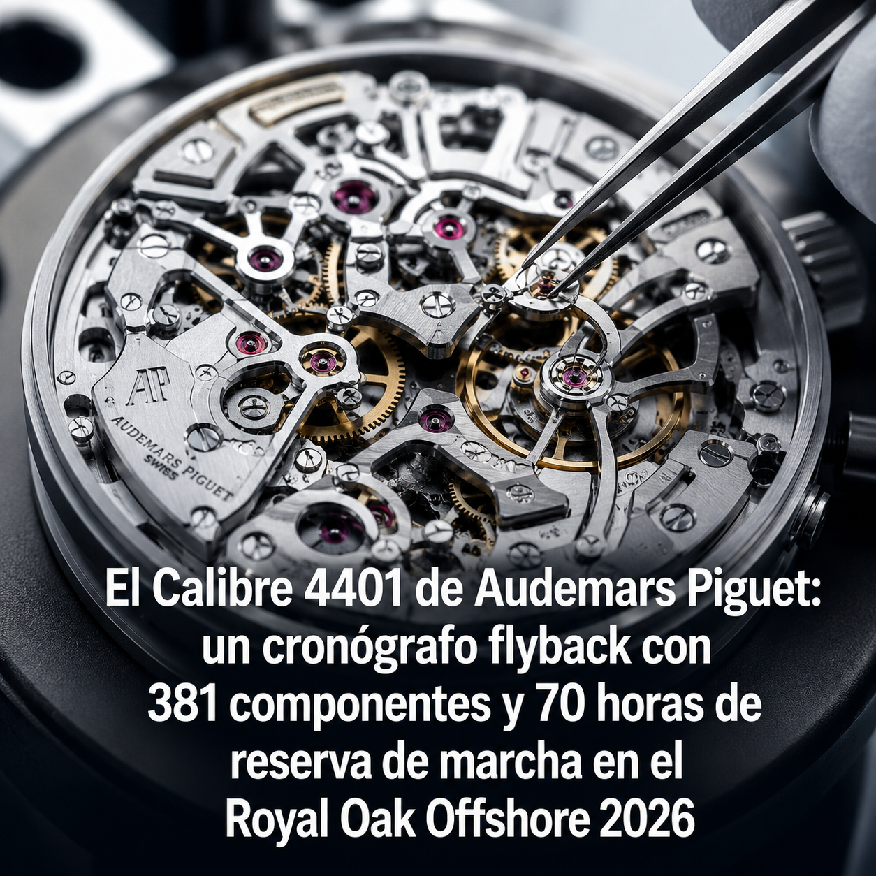 Vista macro del Calibre 4401 de Audemars Piguet con engranajes y rubíes visibles en taller de manufactura relojera suiza
