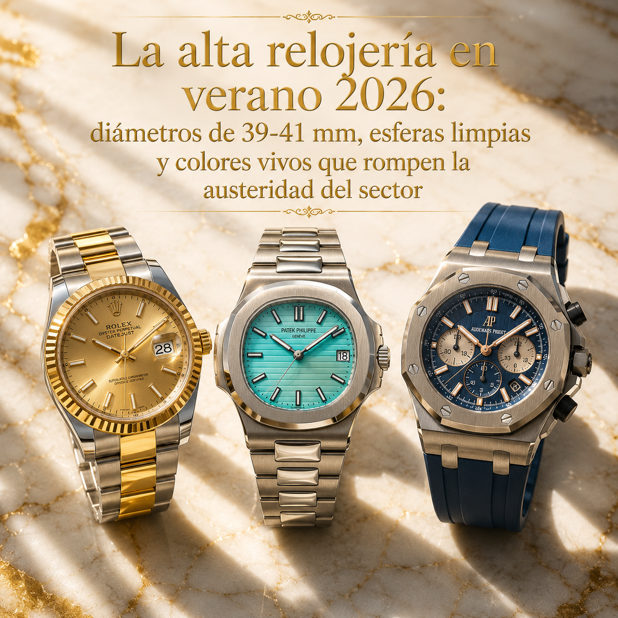 Tres relojes de lujo sobre mármol blanco representando las tendencias estivales 2026: two-tone, cerámica de color y correa de caucho