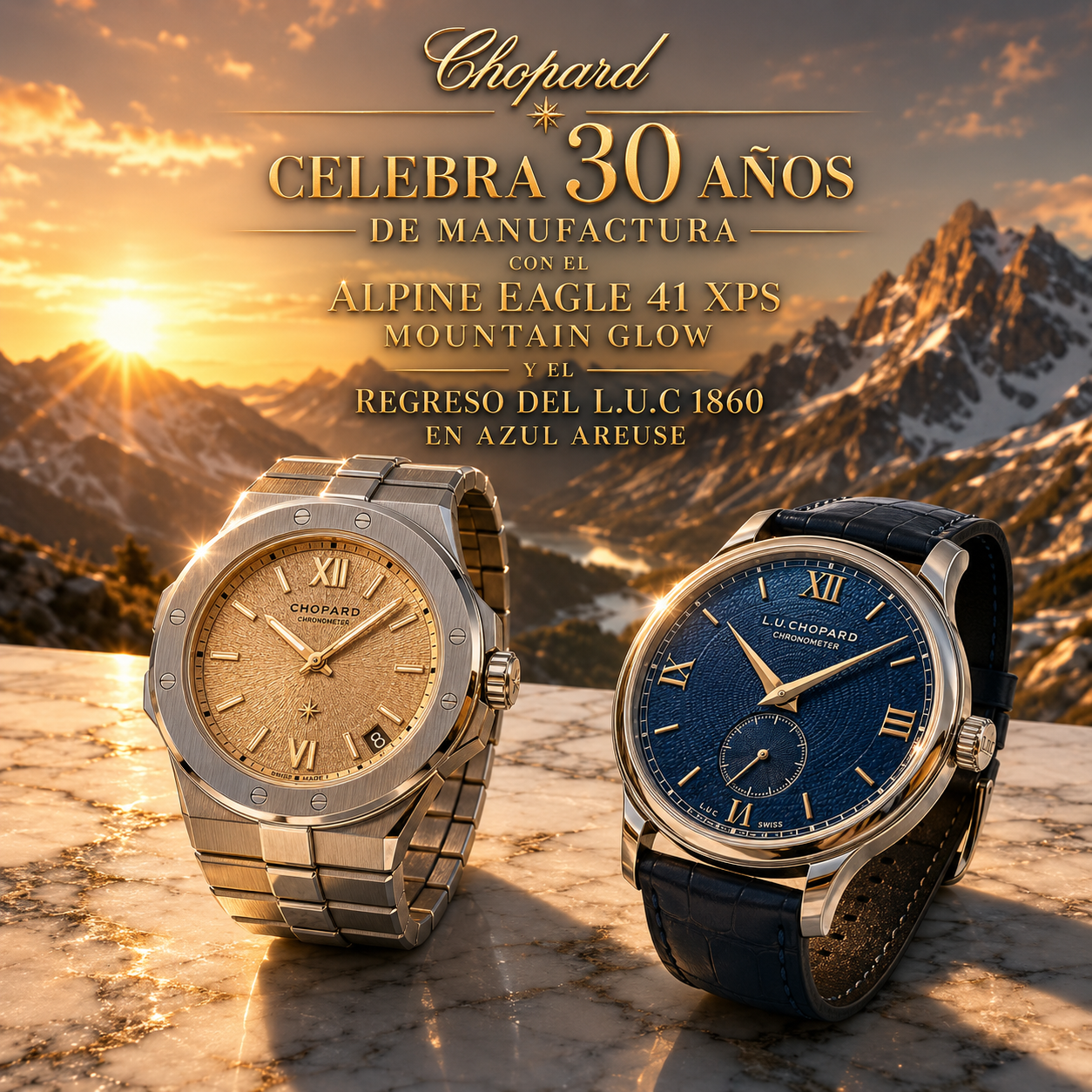 Alpine Eagle 41 XPS Mountain Glow y L.U.C 1860 azul Areuse de Chopard sobre mármol alpino, representando el 30 aniversario de la manufactura de Fleurier en Watches & Wonders 2026