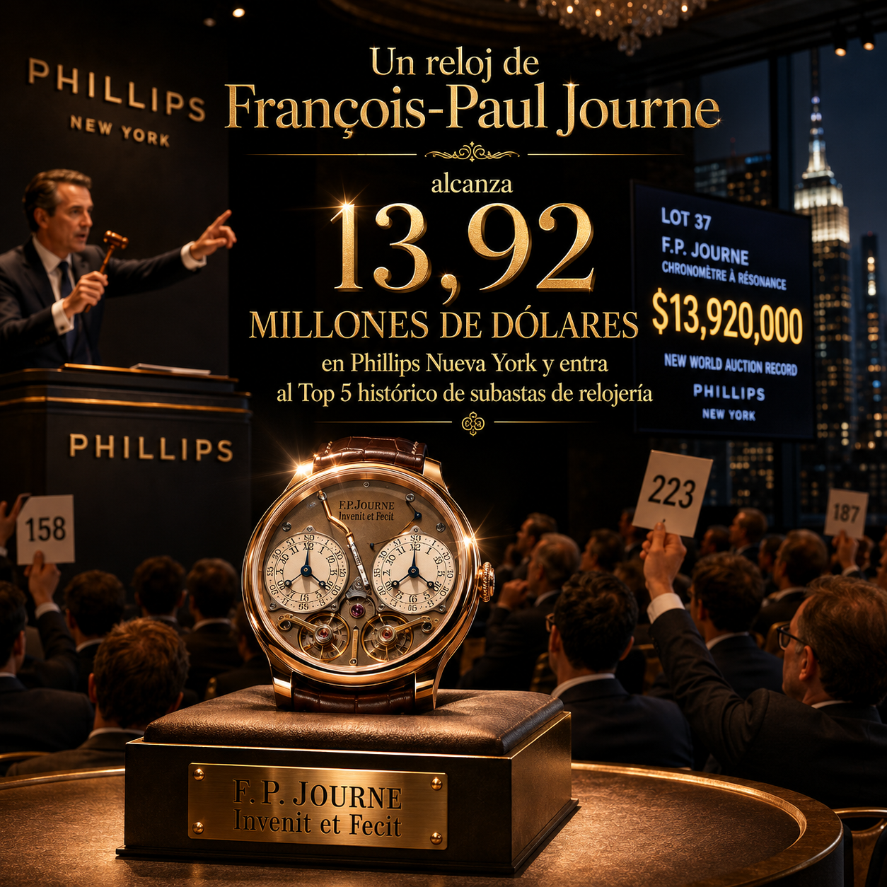 Sala de subastas Phillips con reloj F.P. Journe bajo foco y 13,92 millones en pantalla, representando la entrada de los relojeros independientes al Top 5 histórico de subastas