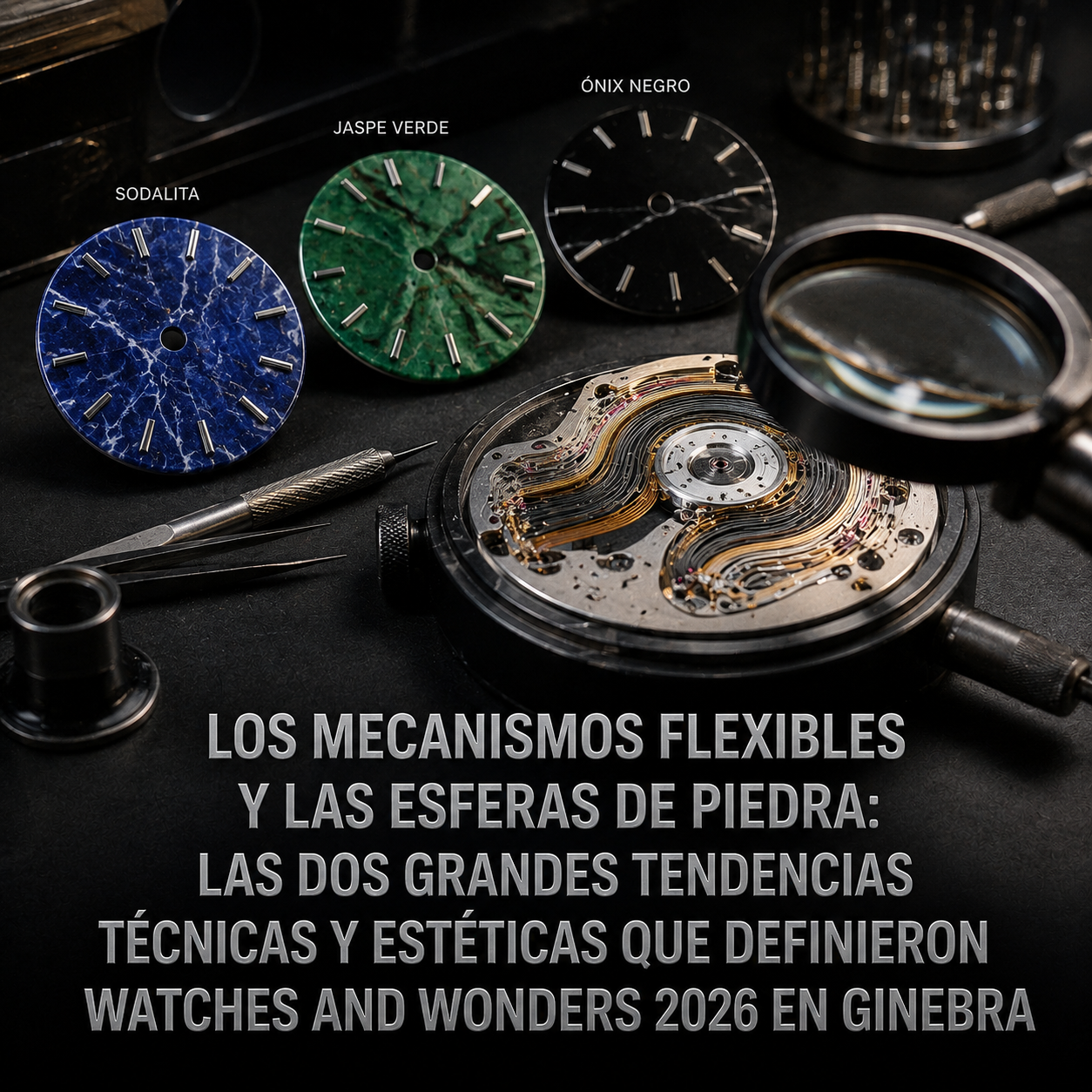 Esferas de piedra semipreciosa y mecanismo flexible en taller de relojería, representando las dos grandes tendencias técnicas y estéticas de Watches & Wonders 2026