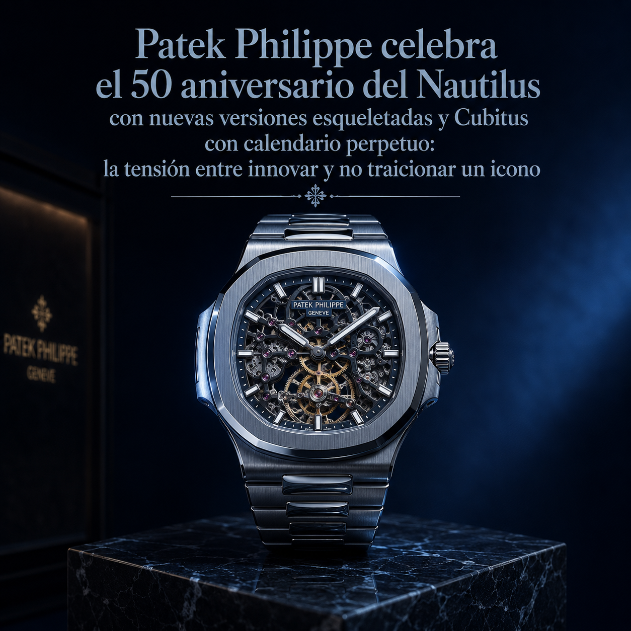 Nautilus esqueletado de Patek Philippe sobre mármol oscuro con luz lateral, representando las novedades del 50 aniversario del icónico reloj deportivo de lujo en Watches & Wonders 2026