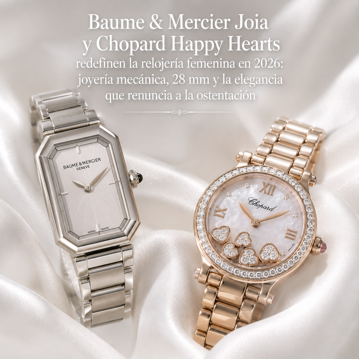 Baume & Mercier Joia y Chopard Happy Hearts sobre seda blanca, representando la nueva visión de la relojería femenina de alta gama en Watches & Wonders 2026