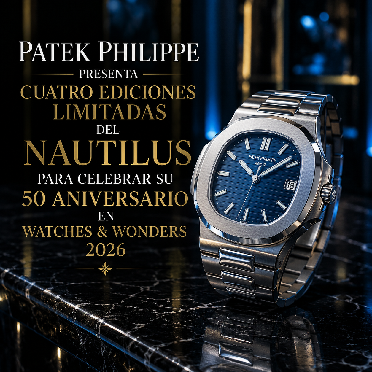 Patek Philippe Nautilus edición limitada 50 aniversario 2026 en oro blanco con esfera azul y calibre 240, presentado en Watches and Wonders