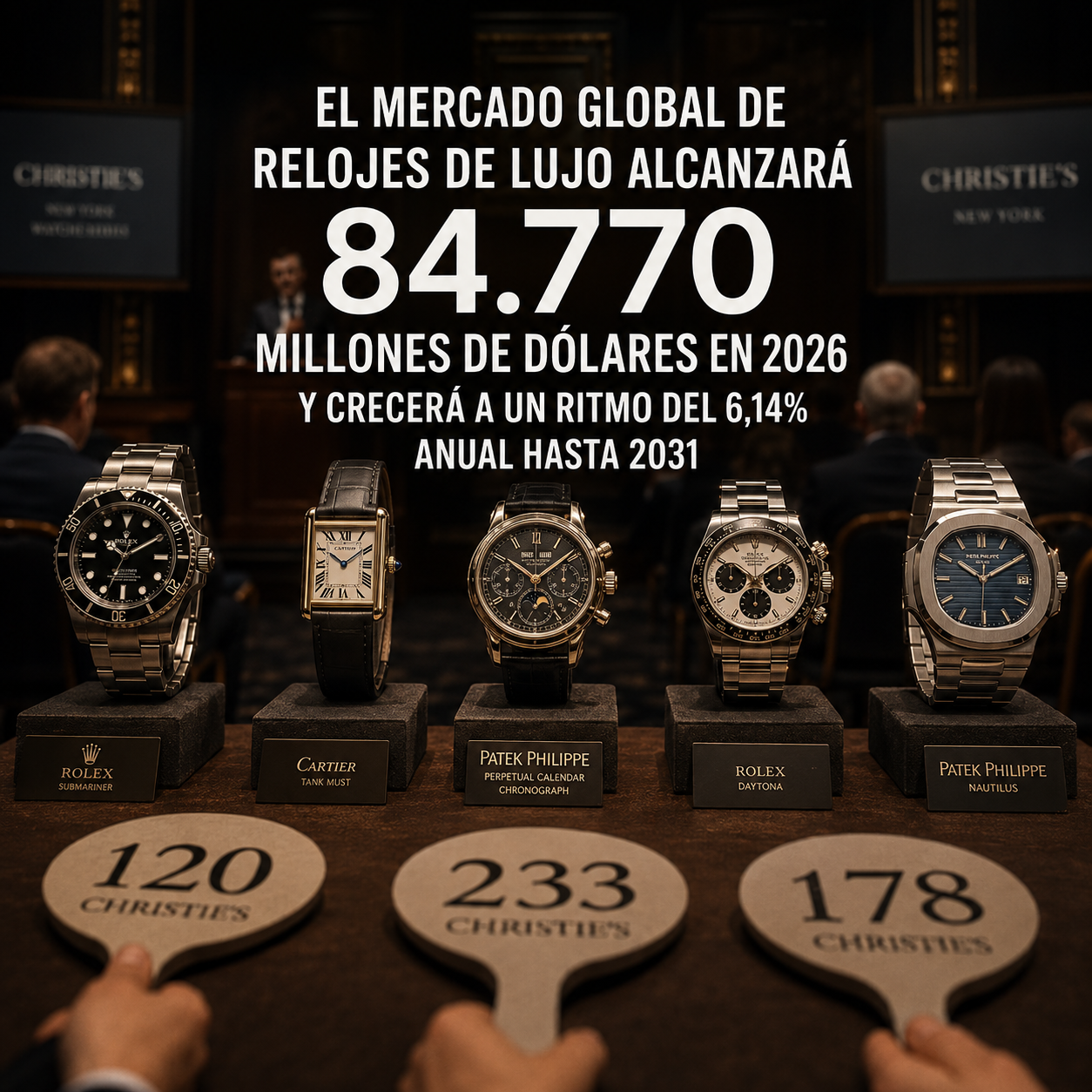 Sala de subasta de relojes de lujo con piezas de Rolex, Cartier y Patek Philippe, ilustrando el mercado global de 84.770 millones de dólares en 2026 y el reloj como activo de inversión