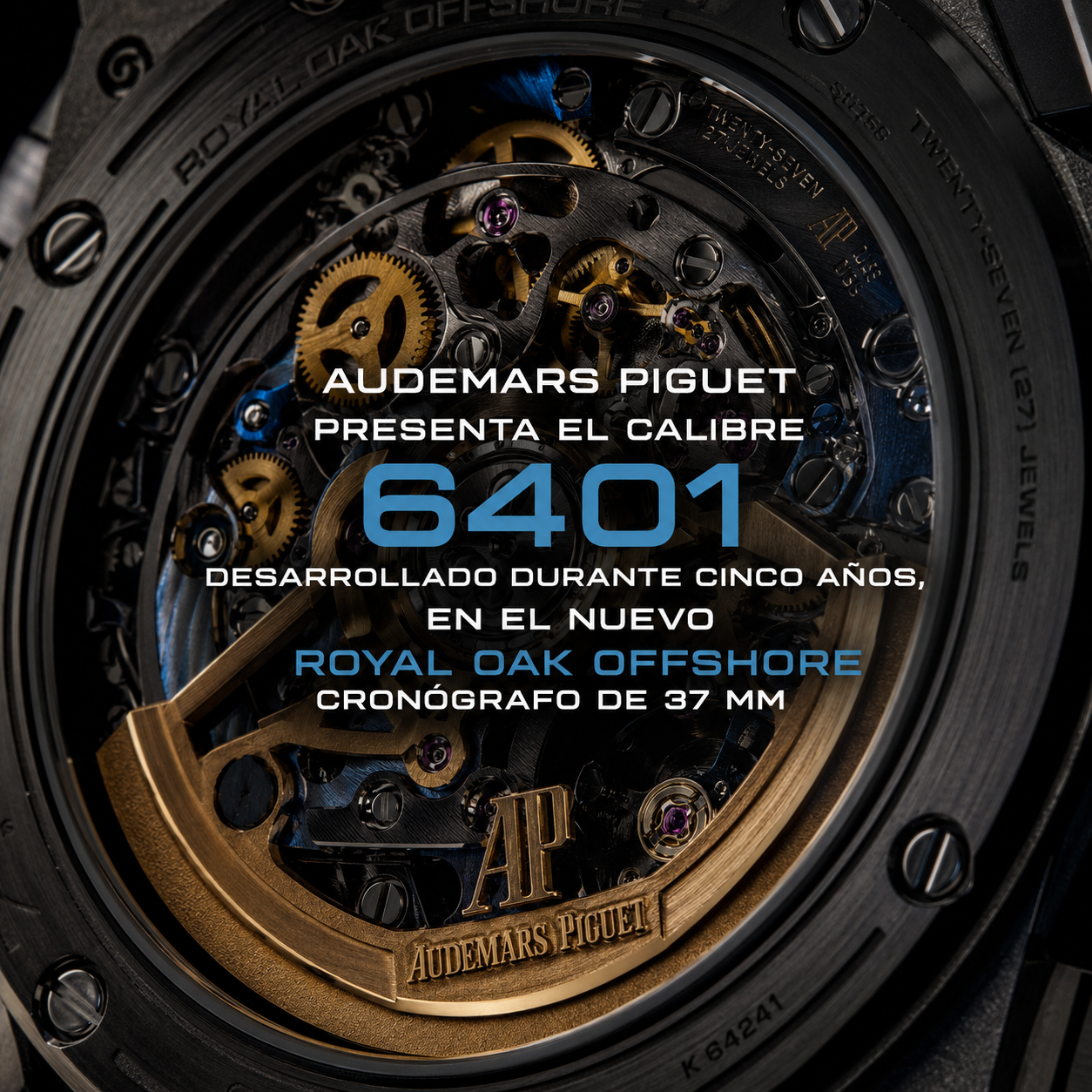 Calibre de manufactura Audemars Piguet 6401 visto a través del fondo de zafiro del Royal Oak Offshore Cronógrafo de 37 mm presentado en 2026