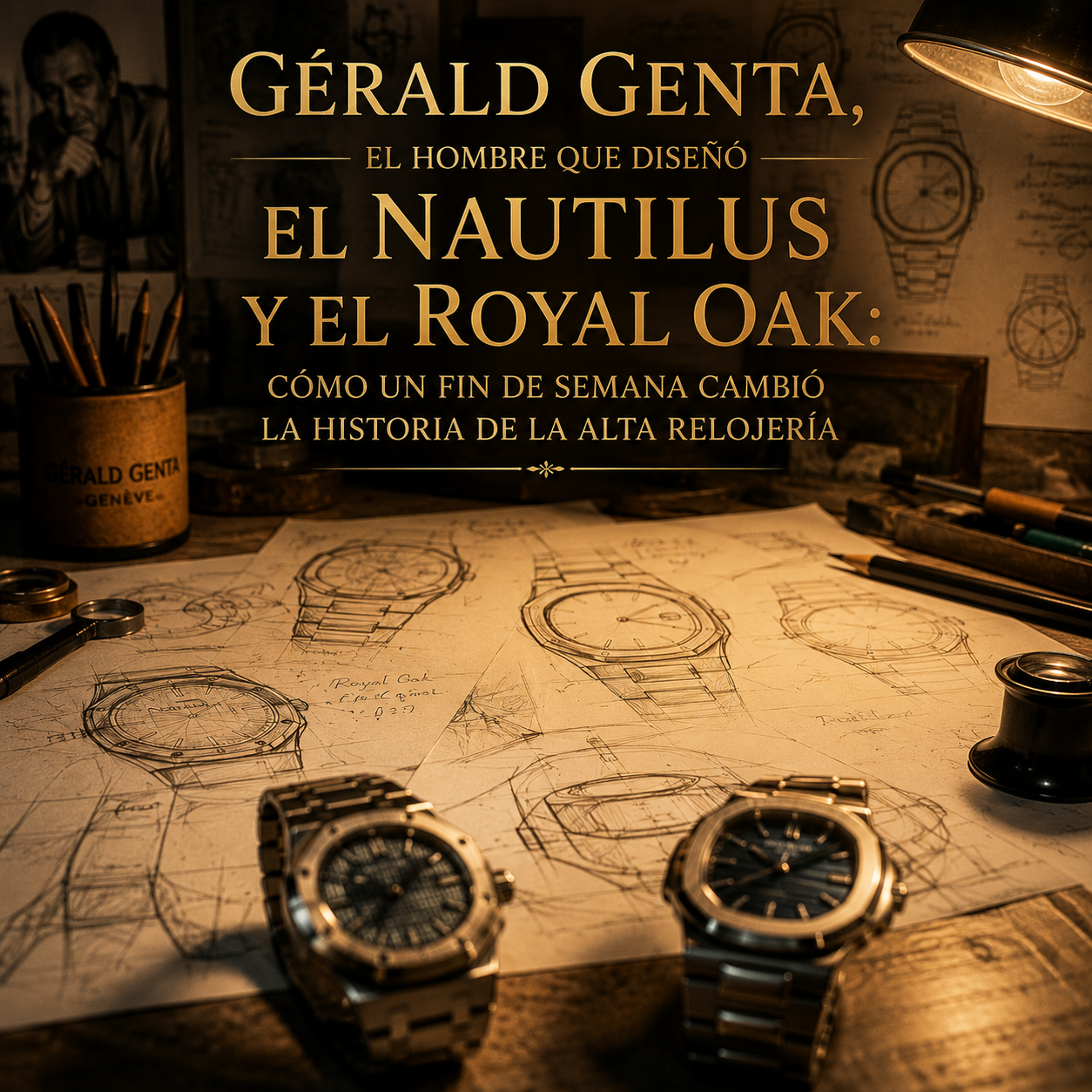 Bocetos originales de diseño de alta relojería y relojes icónicos de los años 70 sobre mesa de trabajo, evocando el legado de Gérald Genta creador del Nautilus y el Royal Oak