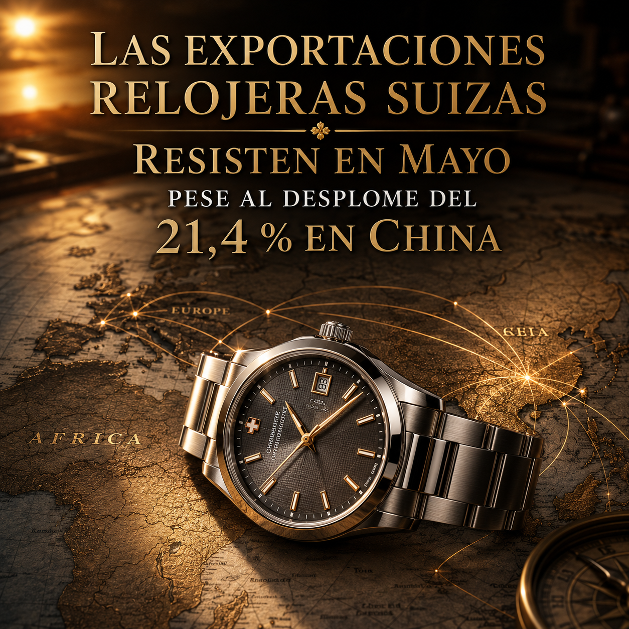 Reloj de lujo suizo sobre mapa mundial que simboliza las exportaciones relojeras de Suiza en mayo de 2026