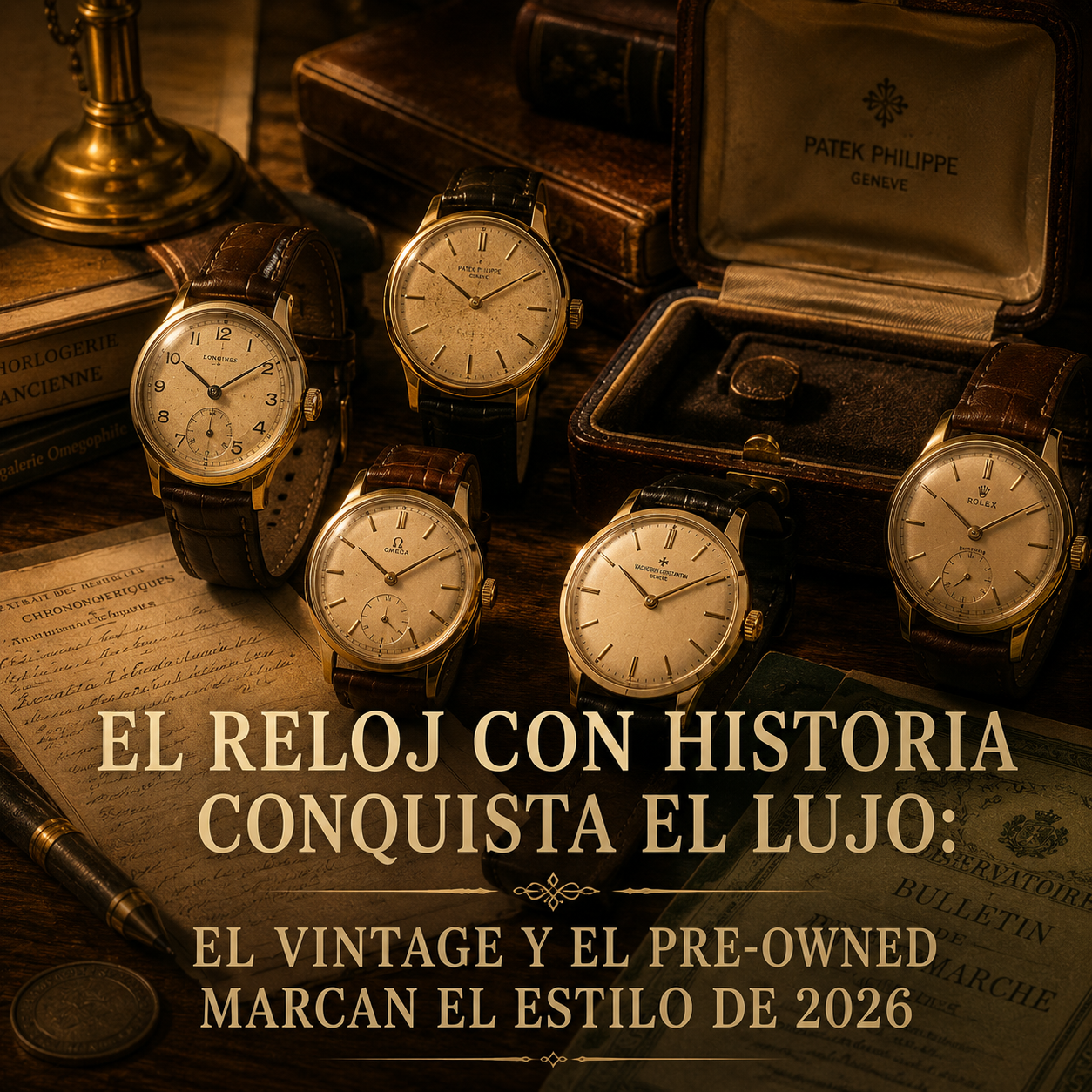 Relojes de lujo vintage con pátina sobre escritorio clásico, la tendencia pre-owned que domina el estilo en 2026