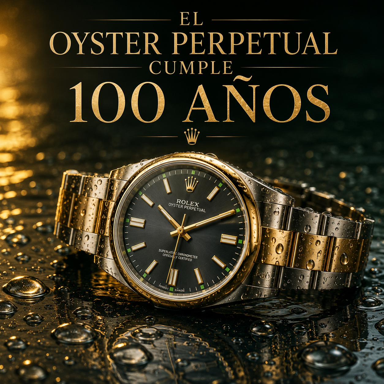 Reloj Oyster Perpetual de acero y oro con esfera pizarra sobre agua celebrando el centenario de la caja hermética Rolex