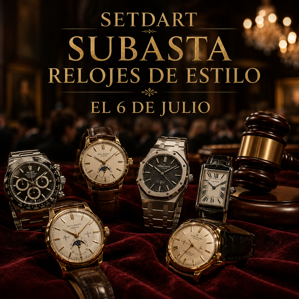 Relojes clásicos de diseño sobre terciopelo en una sala de subastas de Setdart para la venta del 6 de julio