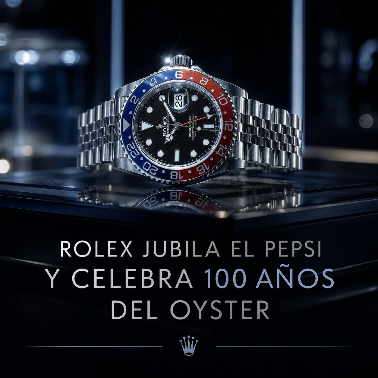 Reloj de lujo de acero con bisel bicolor sobre superficie oscura en un escaparate de joyería