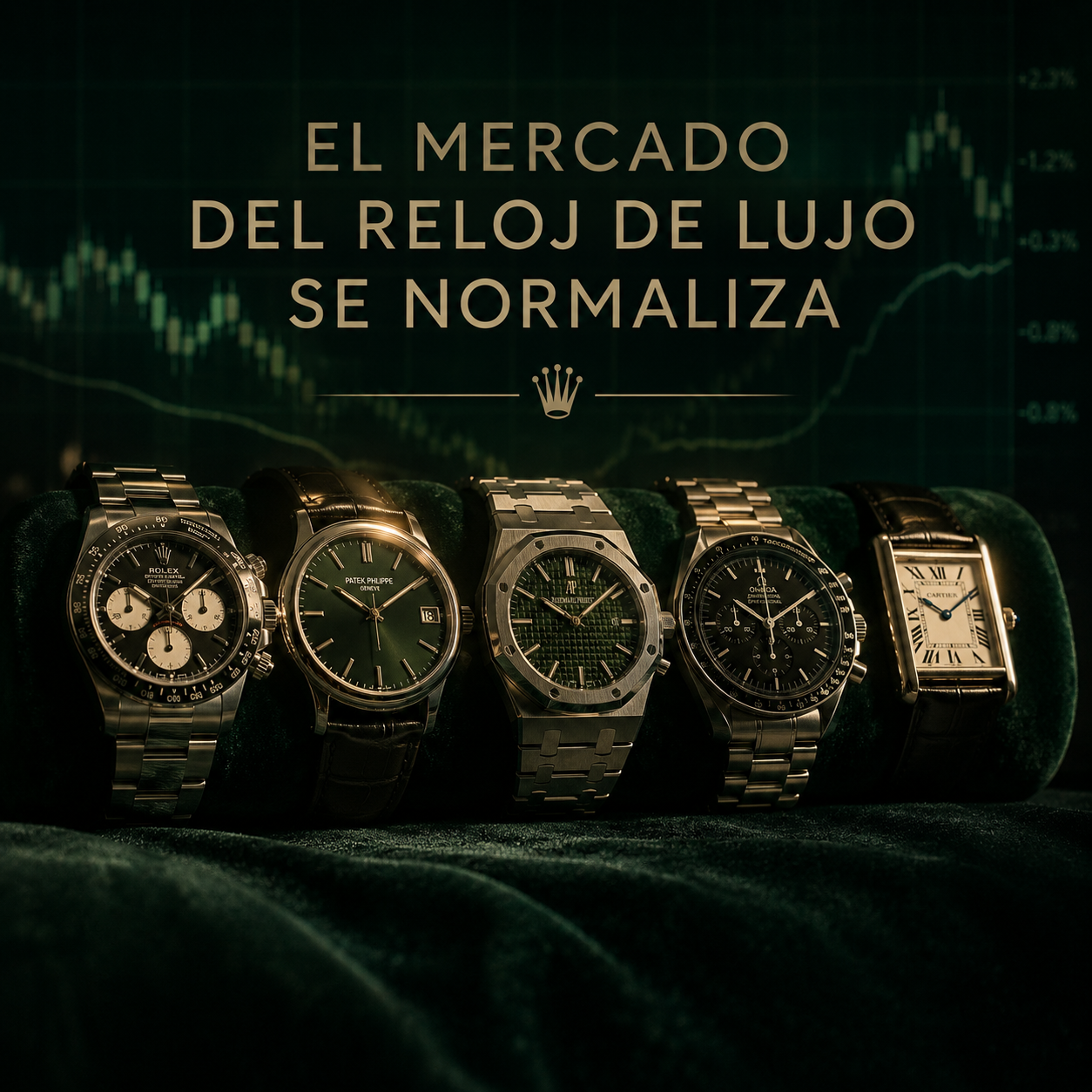 Relojes de lujo alineados sobre terciopelo oscuro junto a un gráfico de mercado