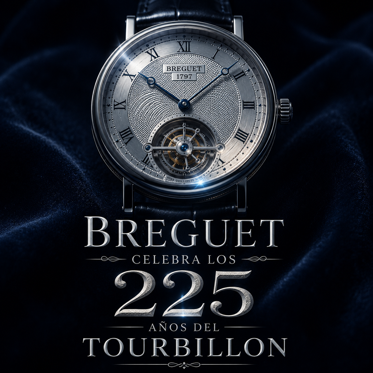 Reloj de vestir de platino con tourbillon visible a las seis en punto y esfera guilloché sobre terciopelo oscuro