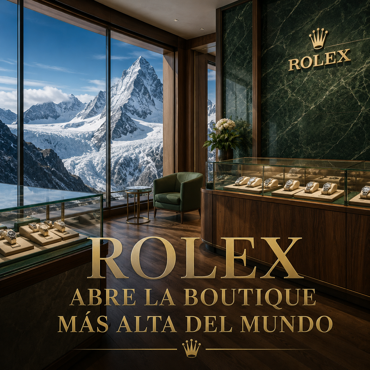 Interior de una boutique de lujo con ventanales que enmarcan cumbres nevadas y una pared de mármol verde