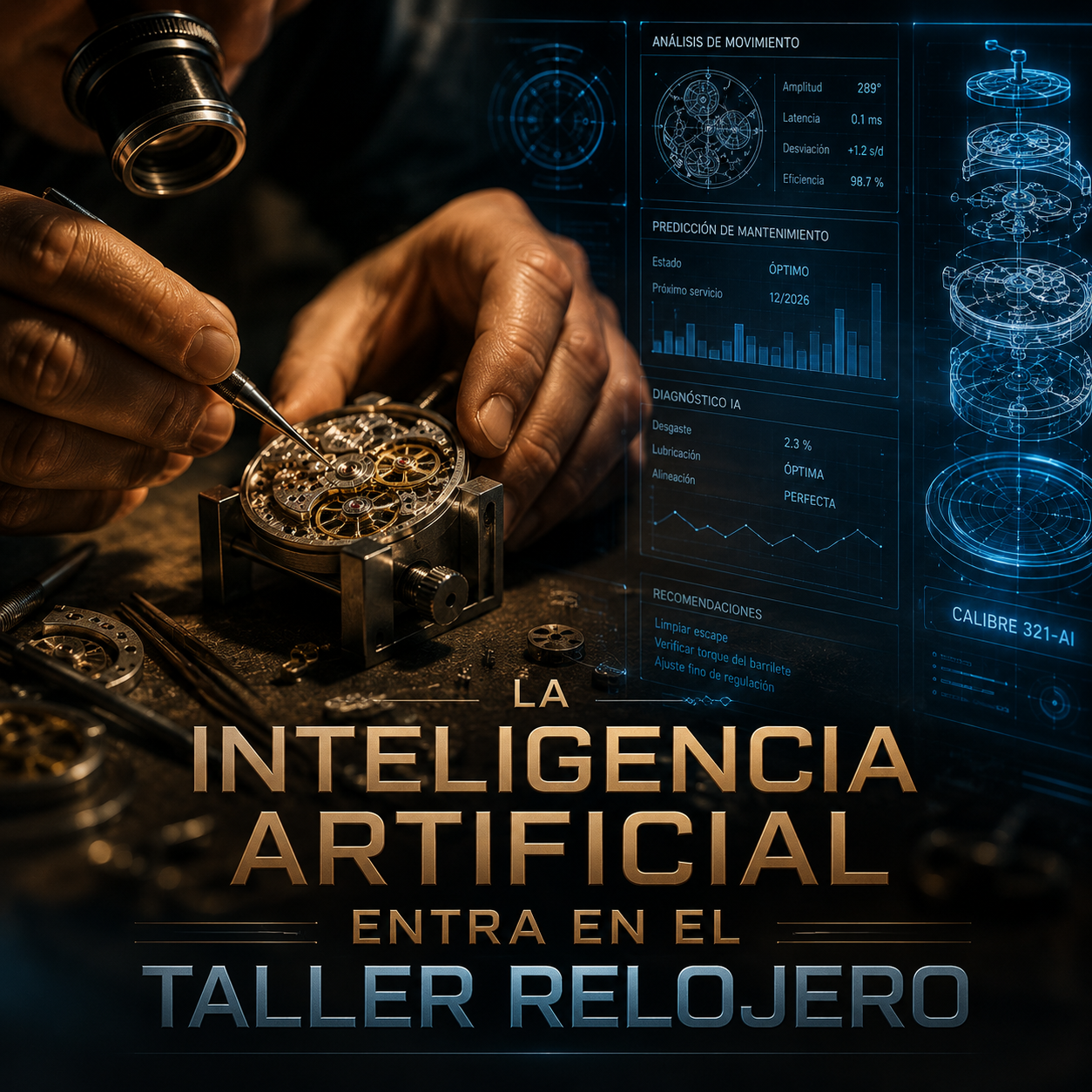 Manos de relojero trabajando un movimiento junto a una pantalla translúcida con datos técnicos superpuestos