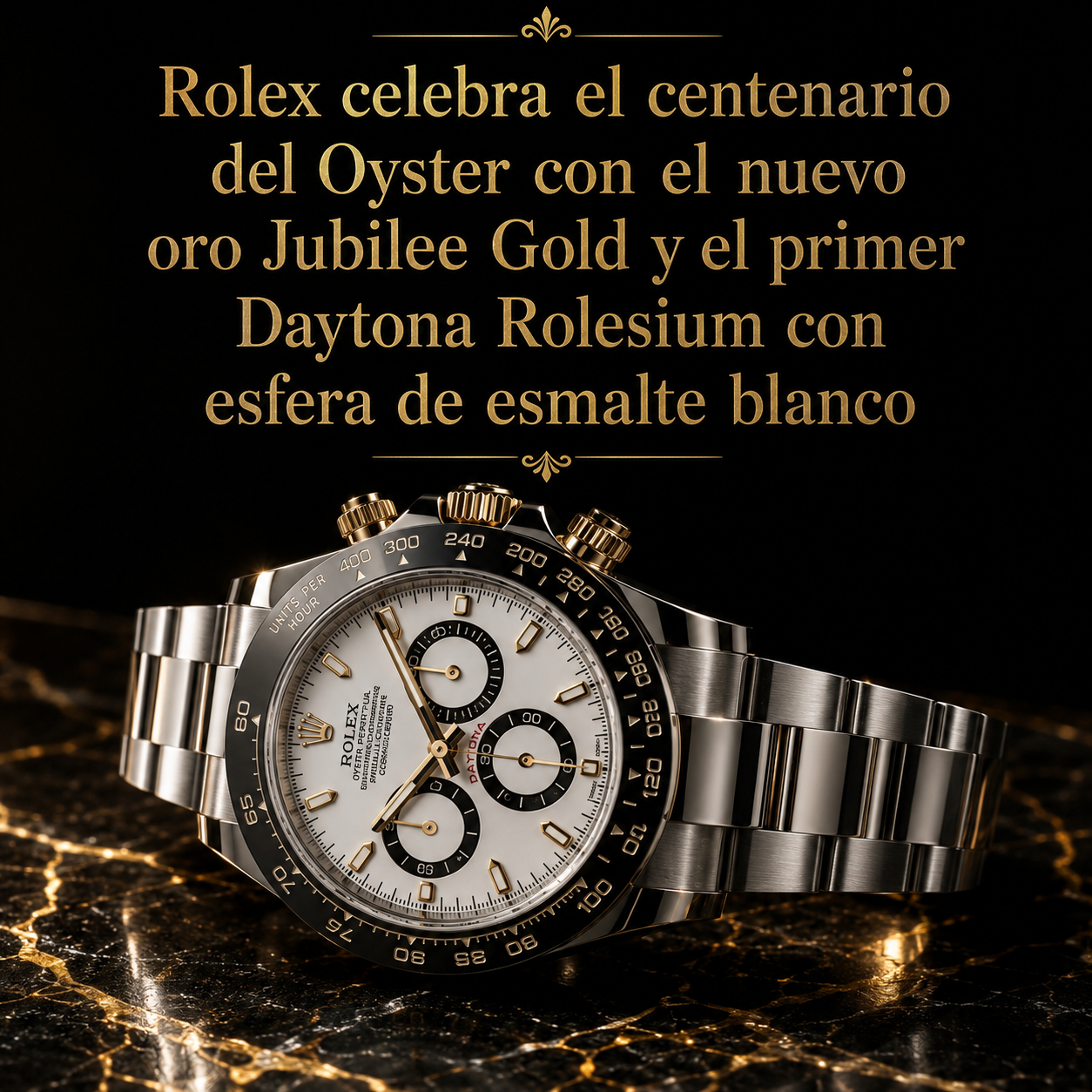Rolex Daytona Rolesium con esfera de esmalte blanco sobre mármol oscuro, representando el centenario del Oyster y el nuevo oro Jubilee Gold en 2026