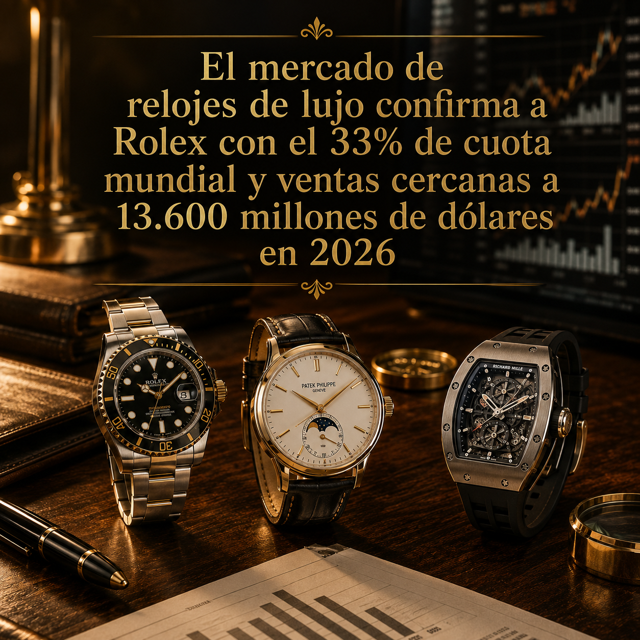 Relojes Rolex, Patek Philippe y Richard Mille sobre escritorio ejecutivo, representando el liderazgo de Rolex en el mercado de lujo de 2026