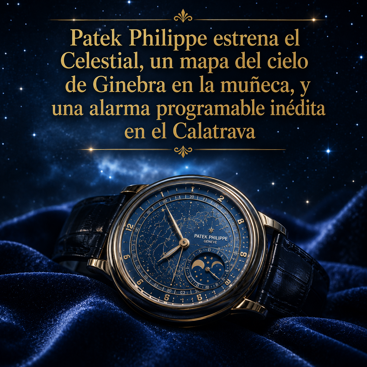 Patek Philippe Celestial con esfera celeste multicapa sobre terciopelo azul oscuro, representando el mapa del cielo de Ginebra en la muñeca