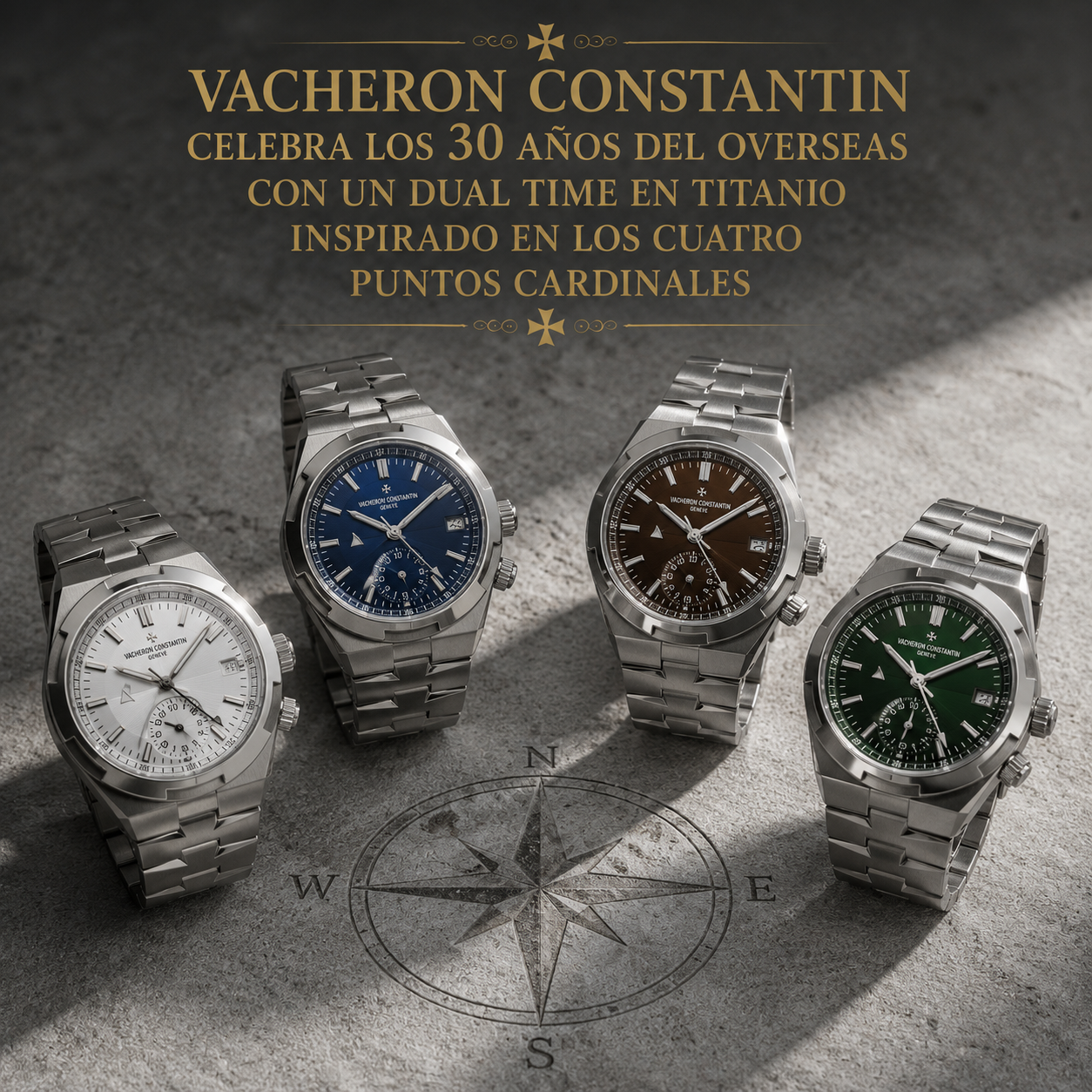 Cuatro relojes Vacheron Constantin Overseas Dual Time Cardinal Points en titanio con esferas de colores representando los puntos cardinales