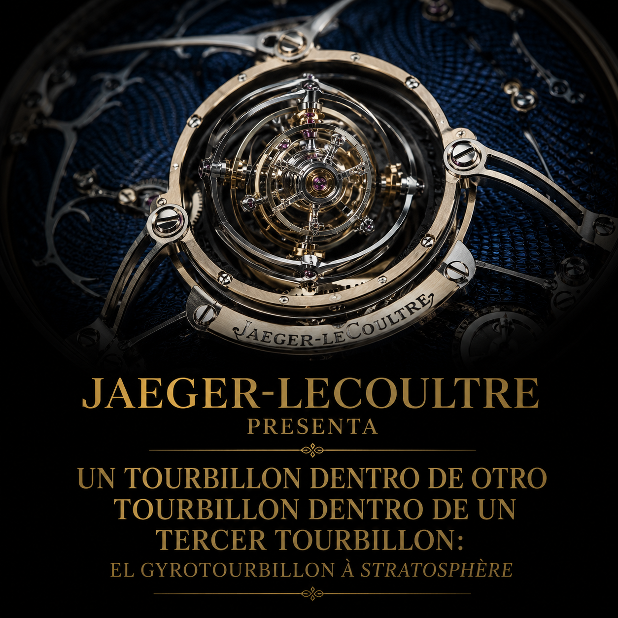 Detalle macro del tourbillon de triple eje del Calibre 178 de Jaeger-LeCoultre, con jaulas de titanio anidadas