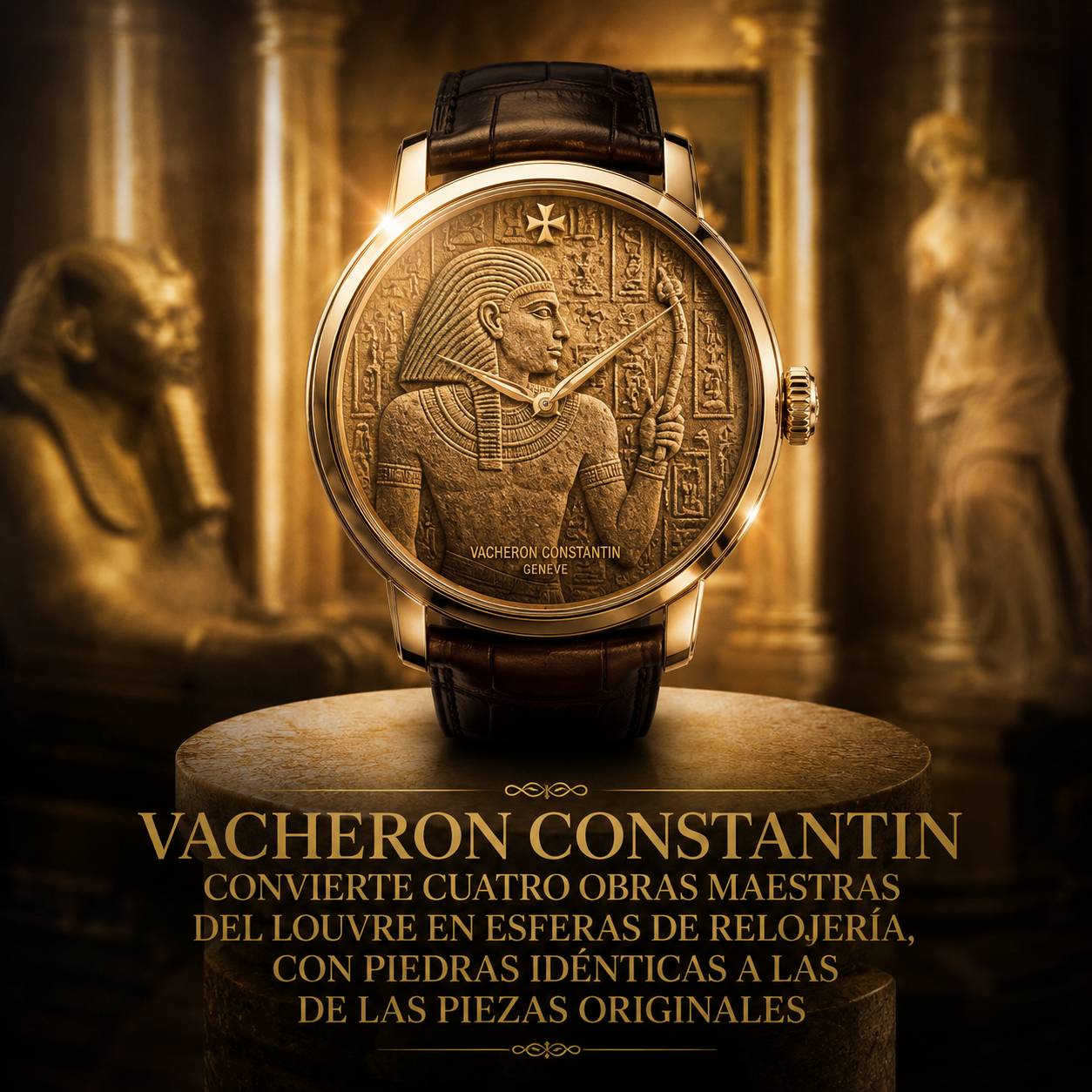 Reloj Vacheron Constantin con esfera artesanal inspirada en el Antiguo Egipto, de la colección Tribute to Great Civilisations con el Louvre