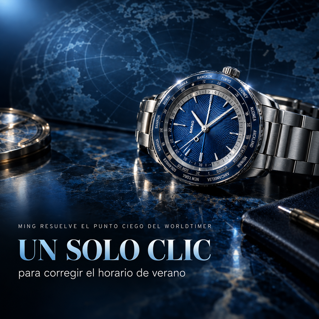 Ming 57.05 Comet, worldtimer de acero con esfera azul de tramas superpuestas y dos biseles de ciudades, sobre mármol azul noche