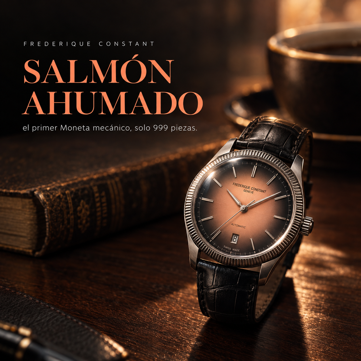Frederique Constant Classics Moneta Handwinding con esfera de degradado salmón ahumado y correa de aligátor negra sobre madera de nogal